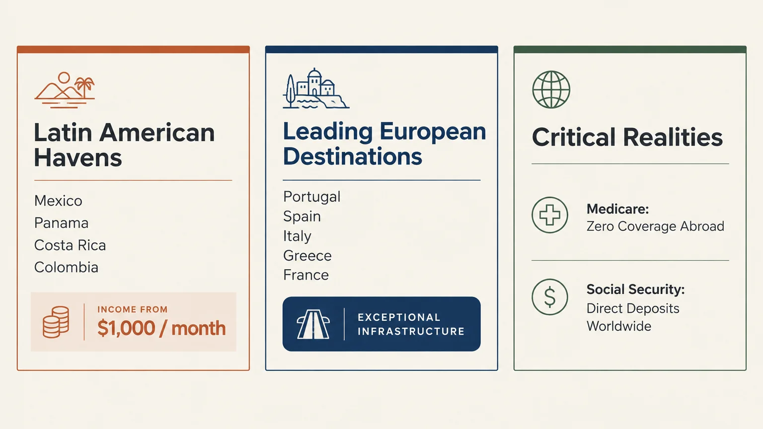 Three panels detailing Latin American havens, leading European destinations, and critical realities like Medicare and Social Security.