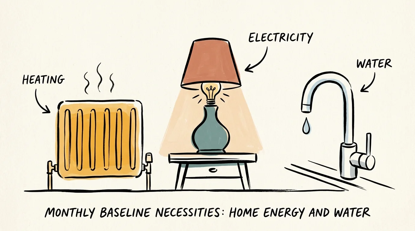 Illustration of a warm radiator labeled heating, a lamp labeled electricity, and a dripping faucet labeled water.