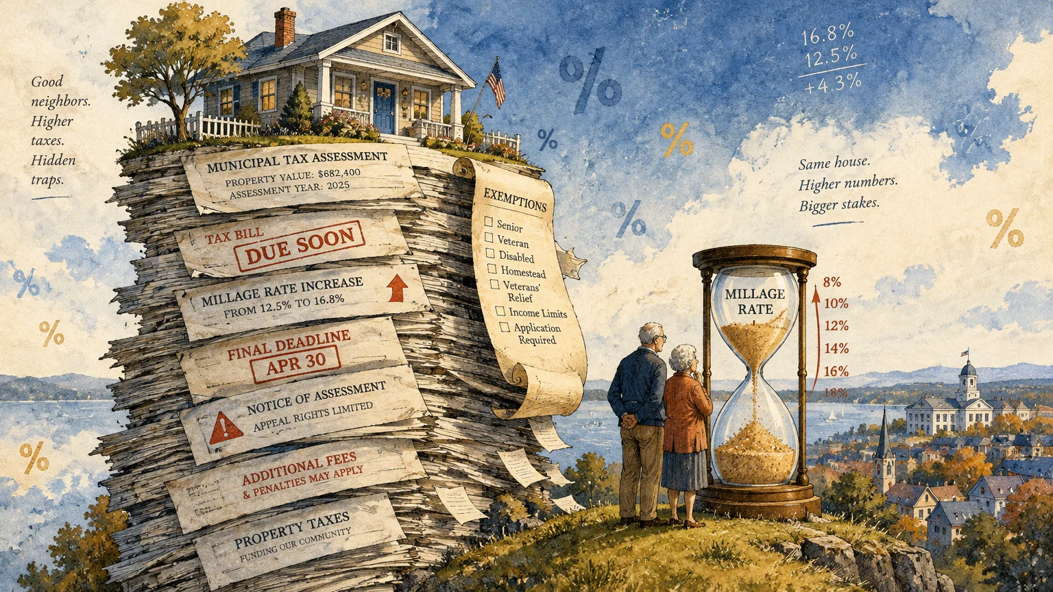 Illustration of an elderly couple facing a huge hourglass and a house perched atop a towering cliff of tax documents.