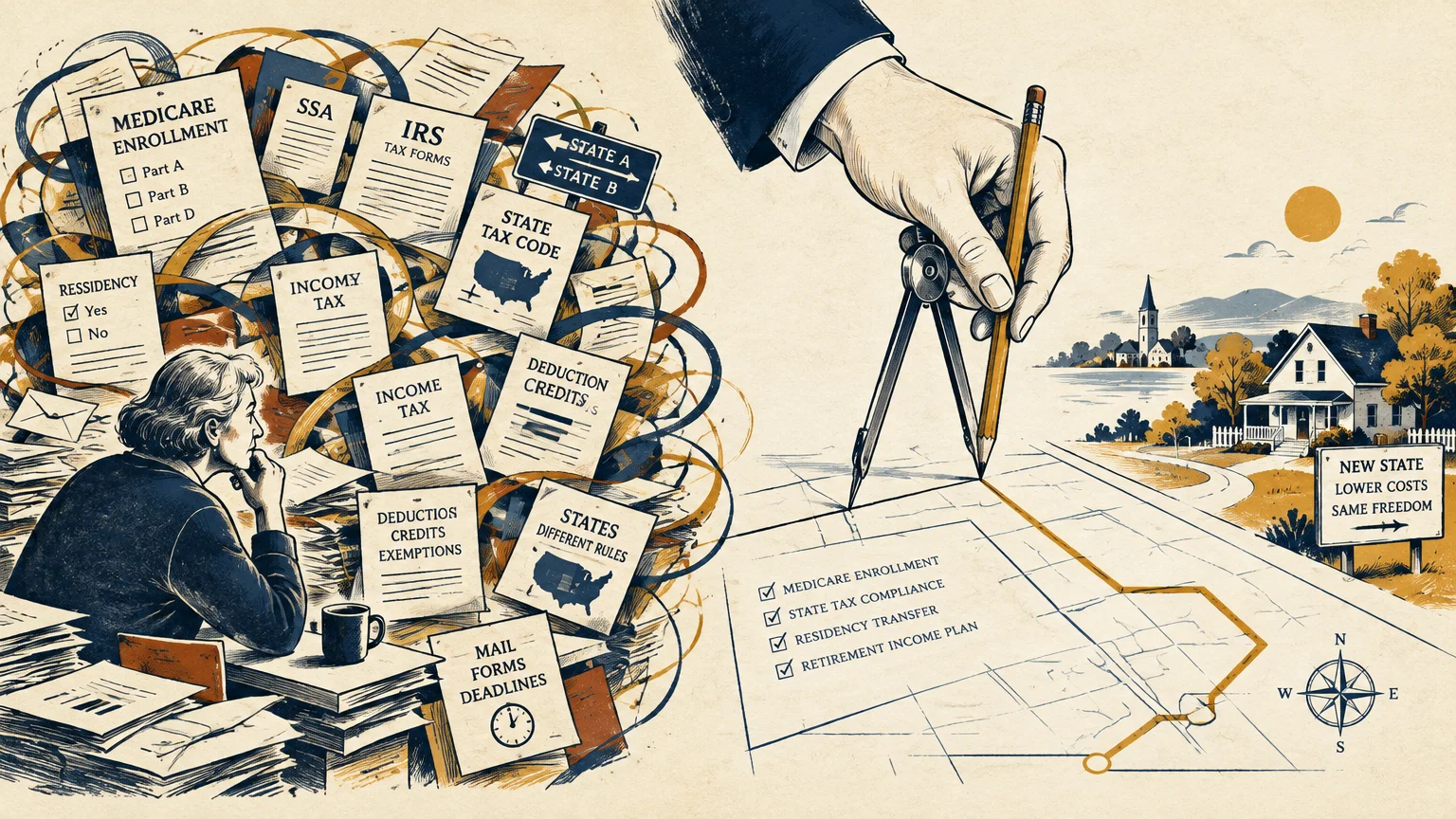 Illustration of a woman overwhelmed by tax forms while a professional hand draws a clear roadmap toward a new home.