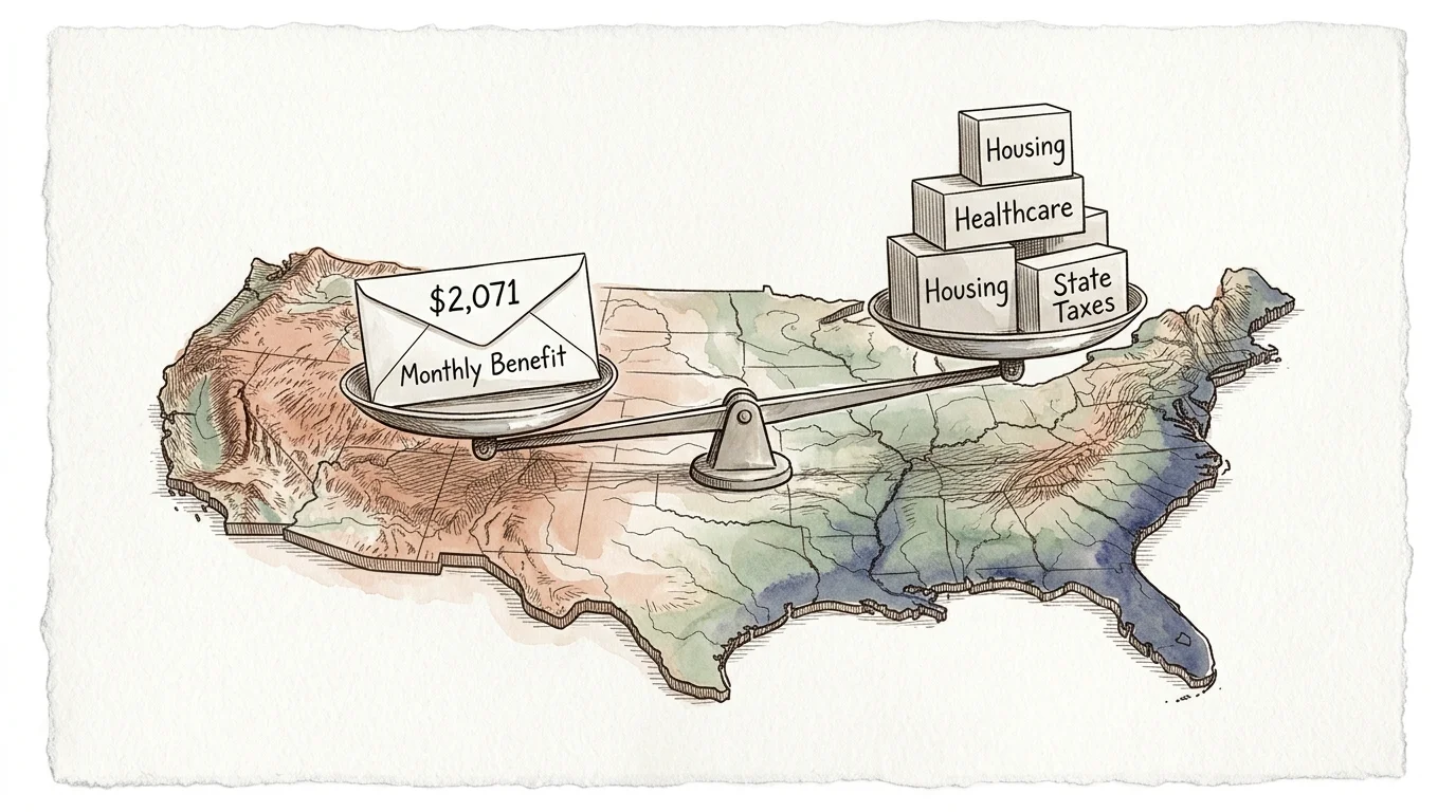 A scale on a US map balances an envelope marked $2,071 against stacked blocks labeled housing, healthcare, and taxes.