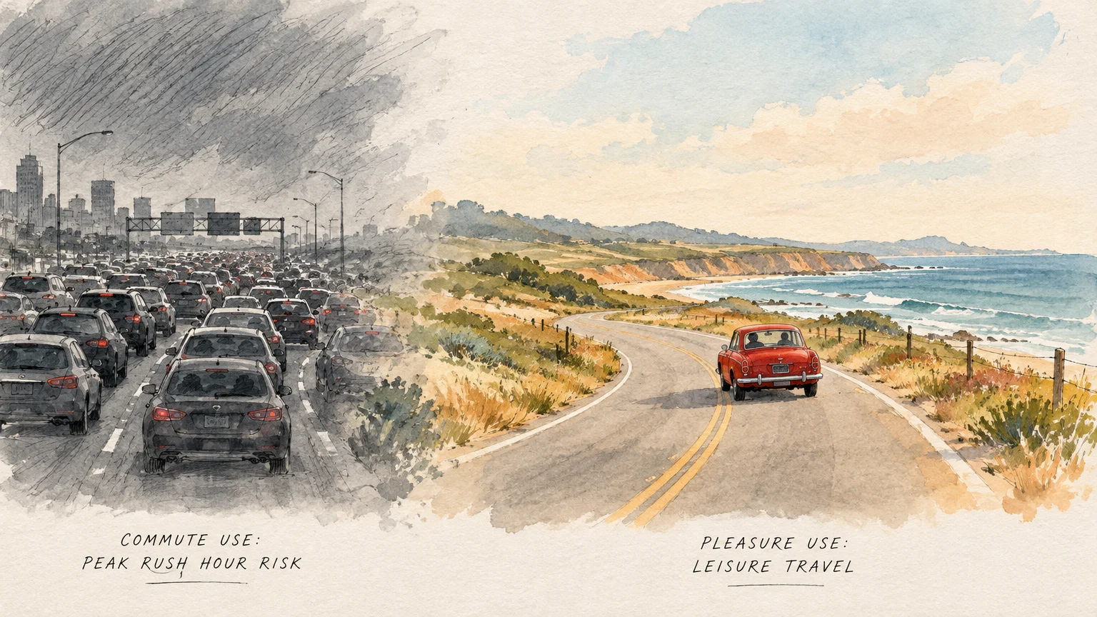 Split watercolor of stormy rush-hour city traffic beside a vintage red car driving along a sunny coastal road.