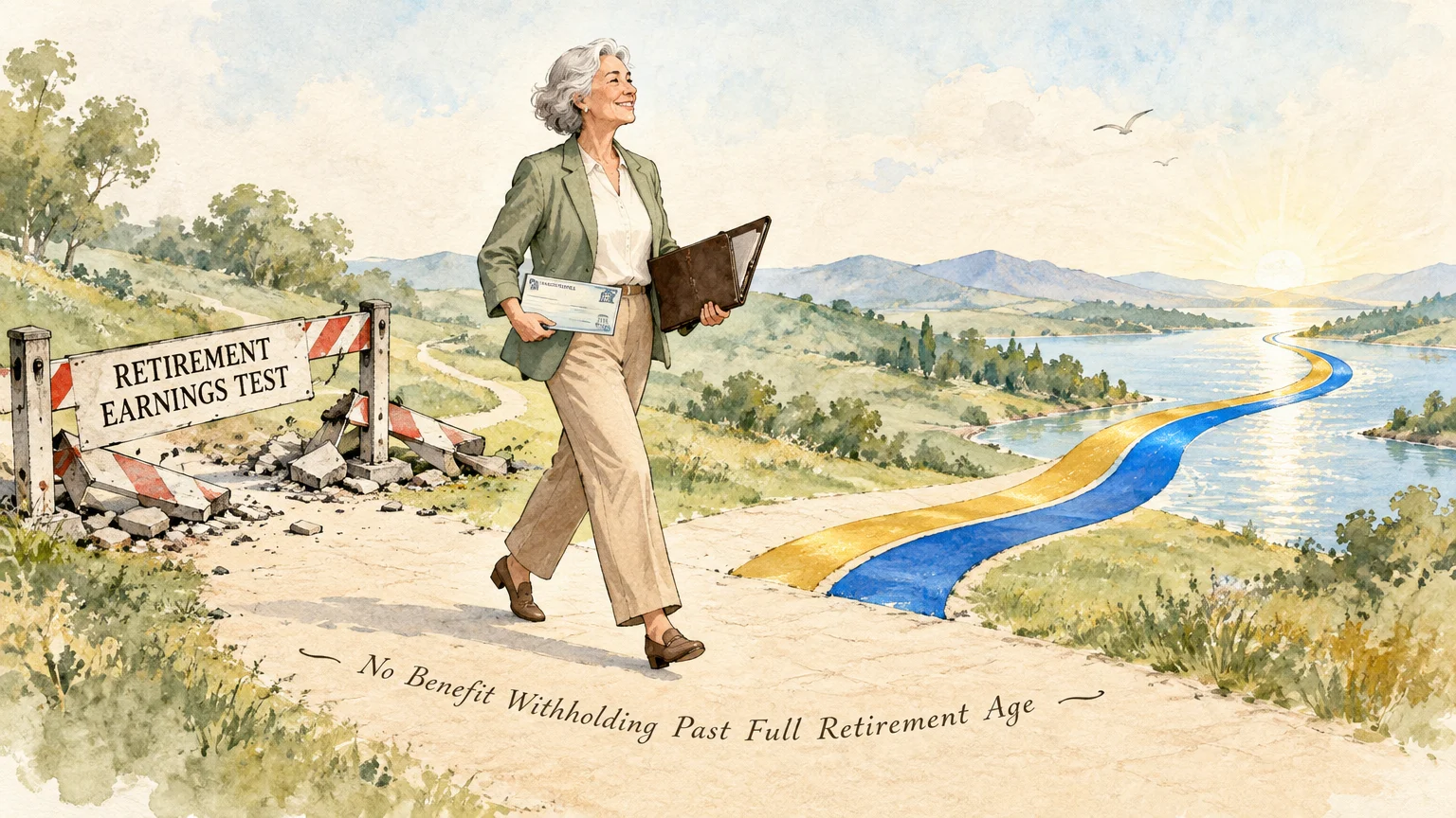 Illustration of an older woman walking past a broken Retirement Earnings Test barrier toward a scenic lake at sunrise.