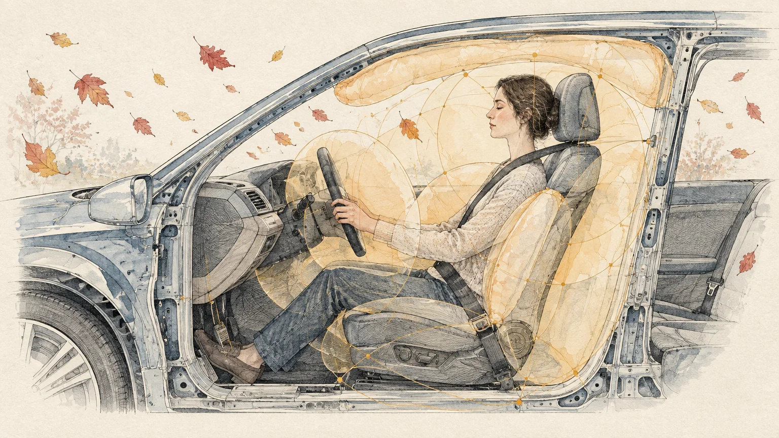 Illustration of a woman seated inside a cutaway car interior surrounded by deployed yellow protective airbags.