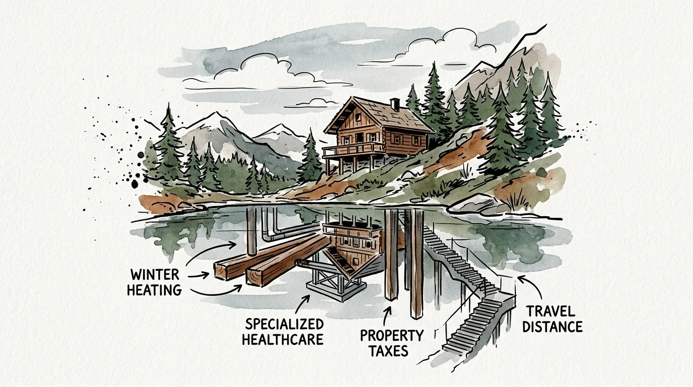 Watercolor illustration of a mountain cabin with an underwater reflection labeling hidden costs like winter heating and taxes.