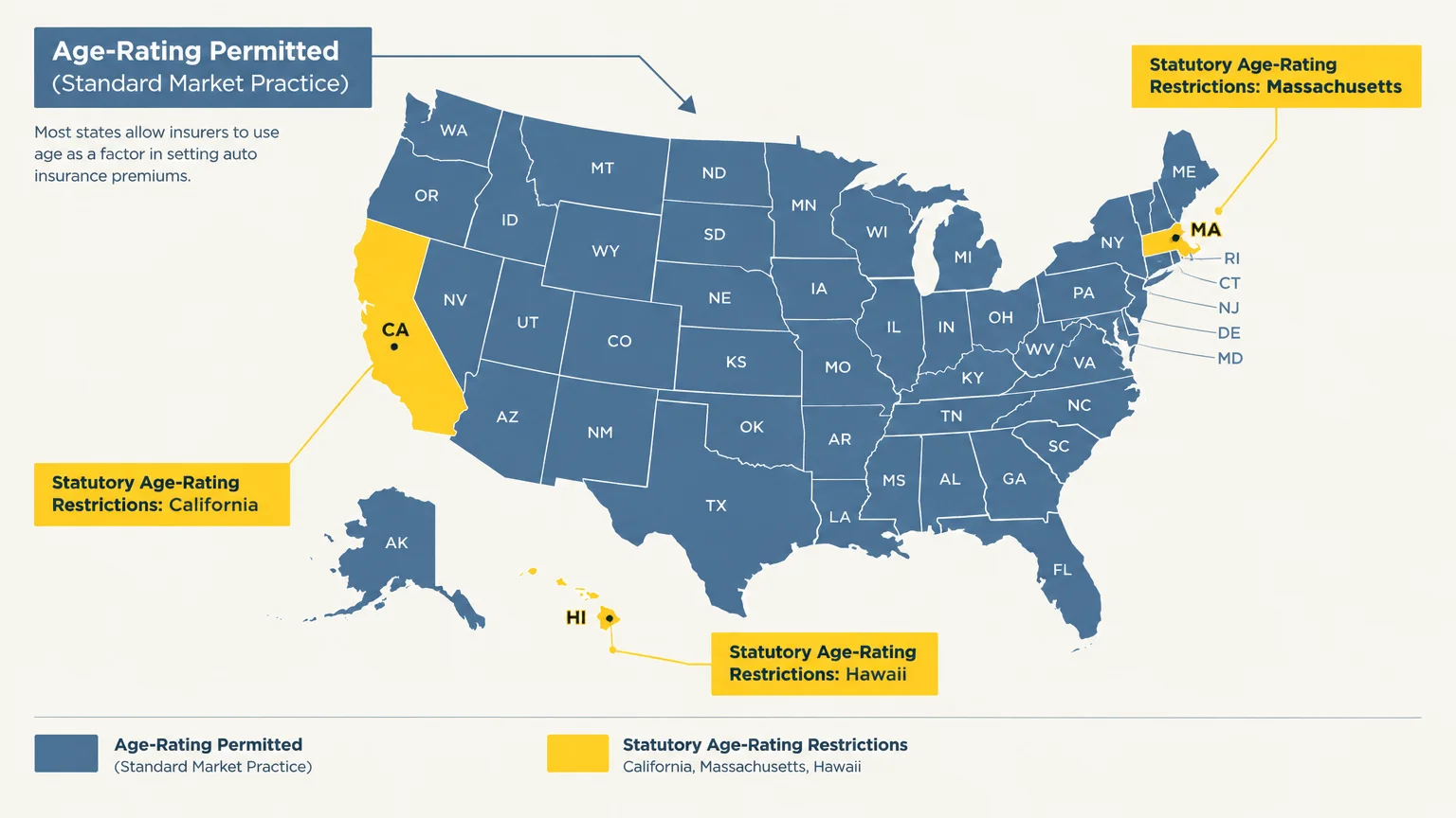 US map highlighting California, Hawaii, and Massachusetts in yellow for statutory age-rating restrictions versus blue states.