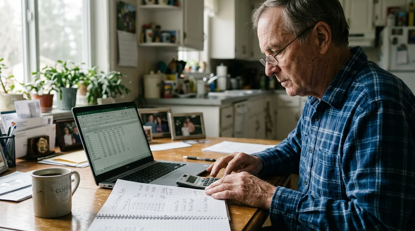 A senior man using a calculator, notebook, and laptop with spreadsheets at a kitchen table.