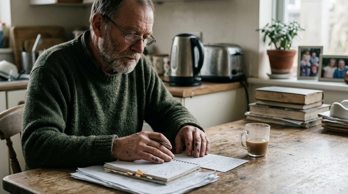 An older man wearing glasses and a green sweater sits at a wooden kitchen table, writing in a notebook next to a cup of coffee.