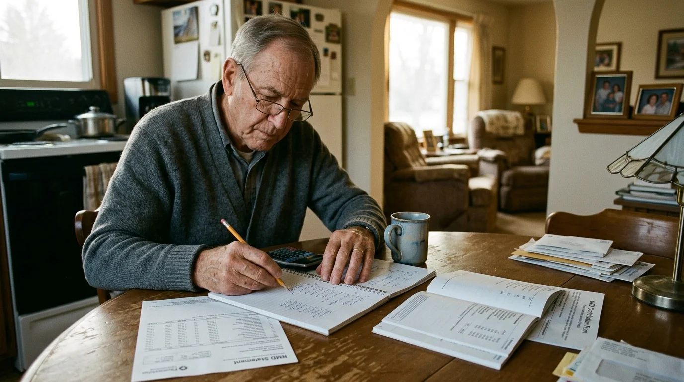 Older man wearing glasses sits at a kitchen table writing in a notebook near financial paperwork and a calculator.