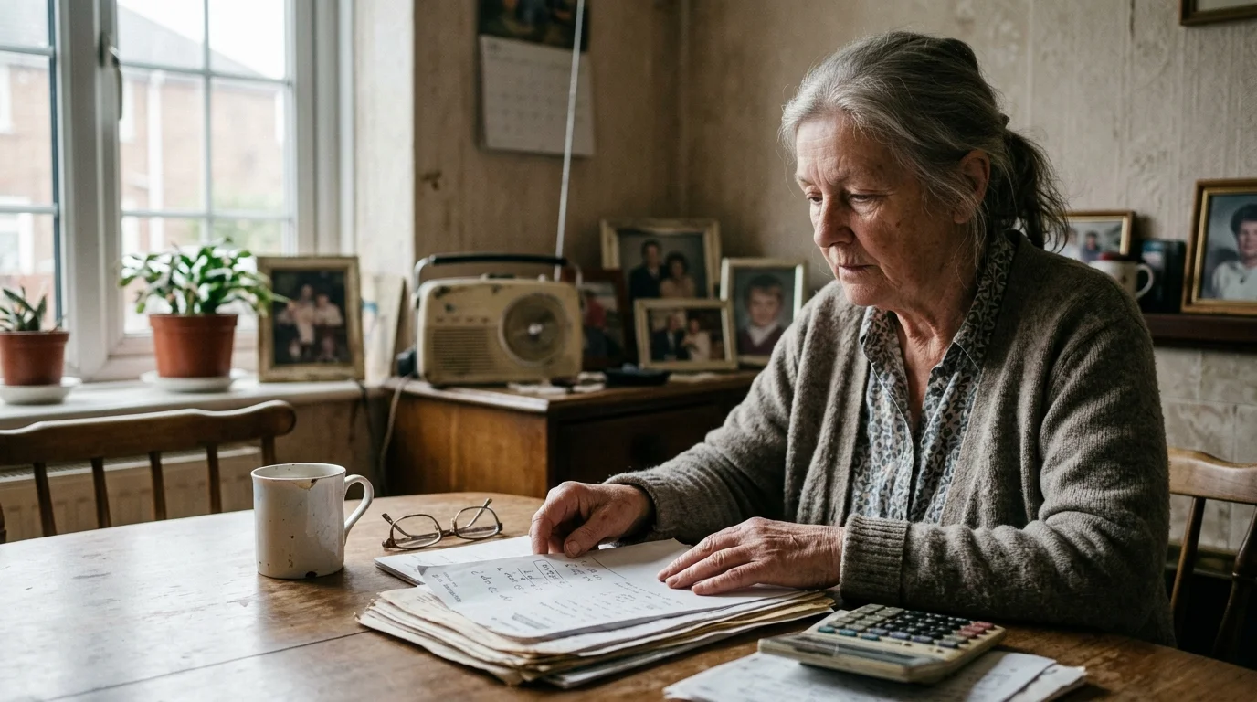 An older woman sits at a wooden table reviewing papers beside a calculator, eyeglasses, and a mug.