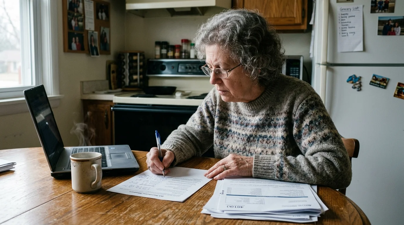 Older woman with glasses writing on financial paperwork at a kitchen table next to a laptop and steaming mug.