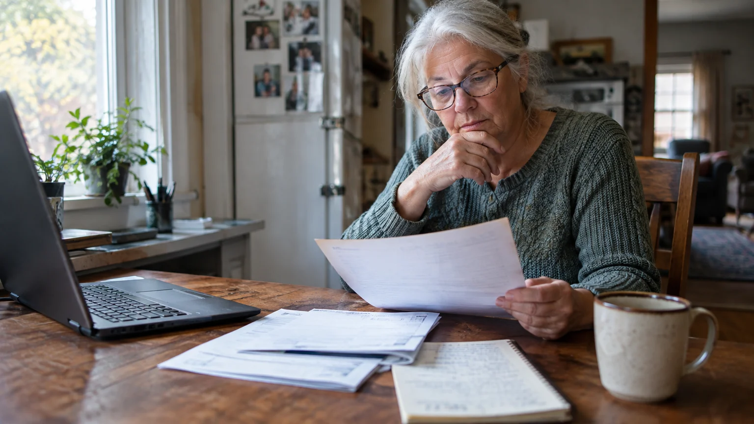 A senior woman wearing glasses sits at a wooden table with a laptop, looking pensively at a paper document.