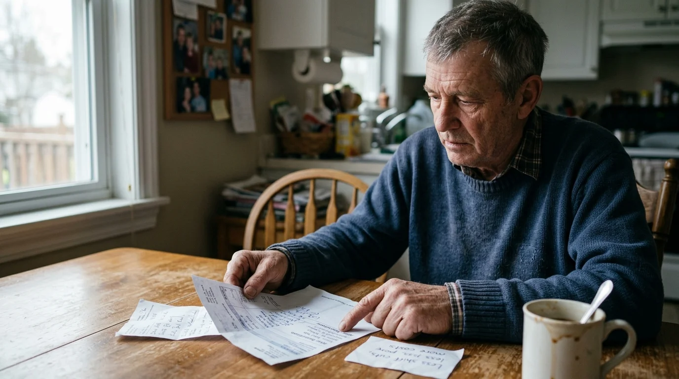 An older man in a blue sweater sits at a wooden table looking intently at printed documents beside a coffee mug.