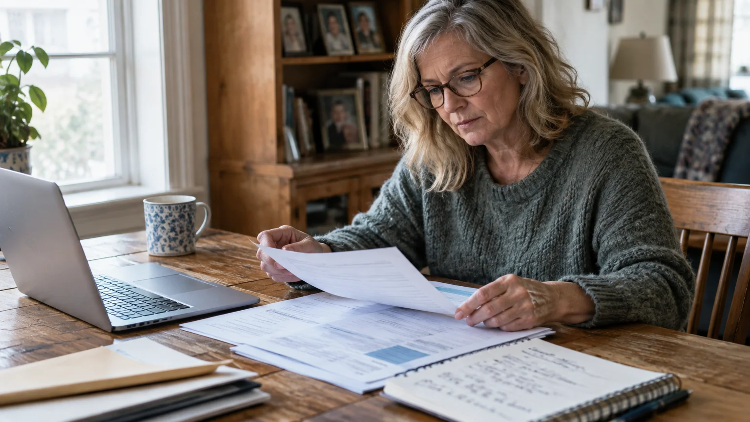 A woman wearing glasses sits at a wooden table reviewing paperwork next to an open laptop and notebook.