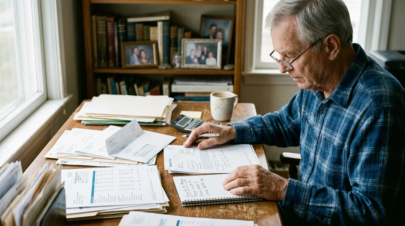 Senior man with eyeglasses seated at a wooden desk reviewing financial paperwork and bills beside a calculator.