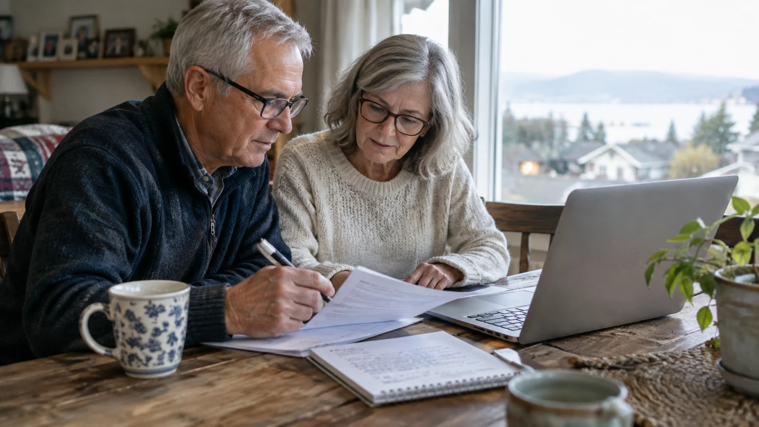 An older couple sitting at a wooden table reviewing paperwork next to an open laptop near a window.