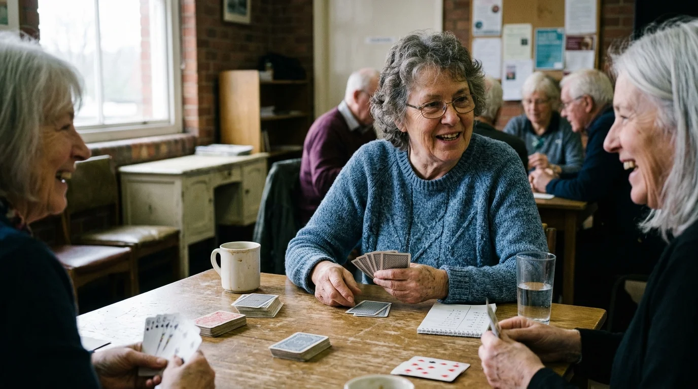 Three older women sit around a wooden table smiling and playing cards indoors, with other seniors in the background.