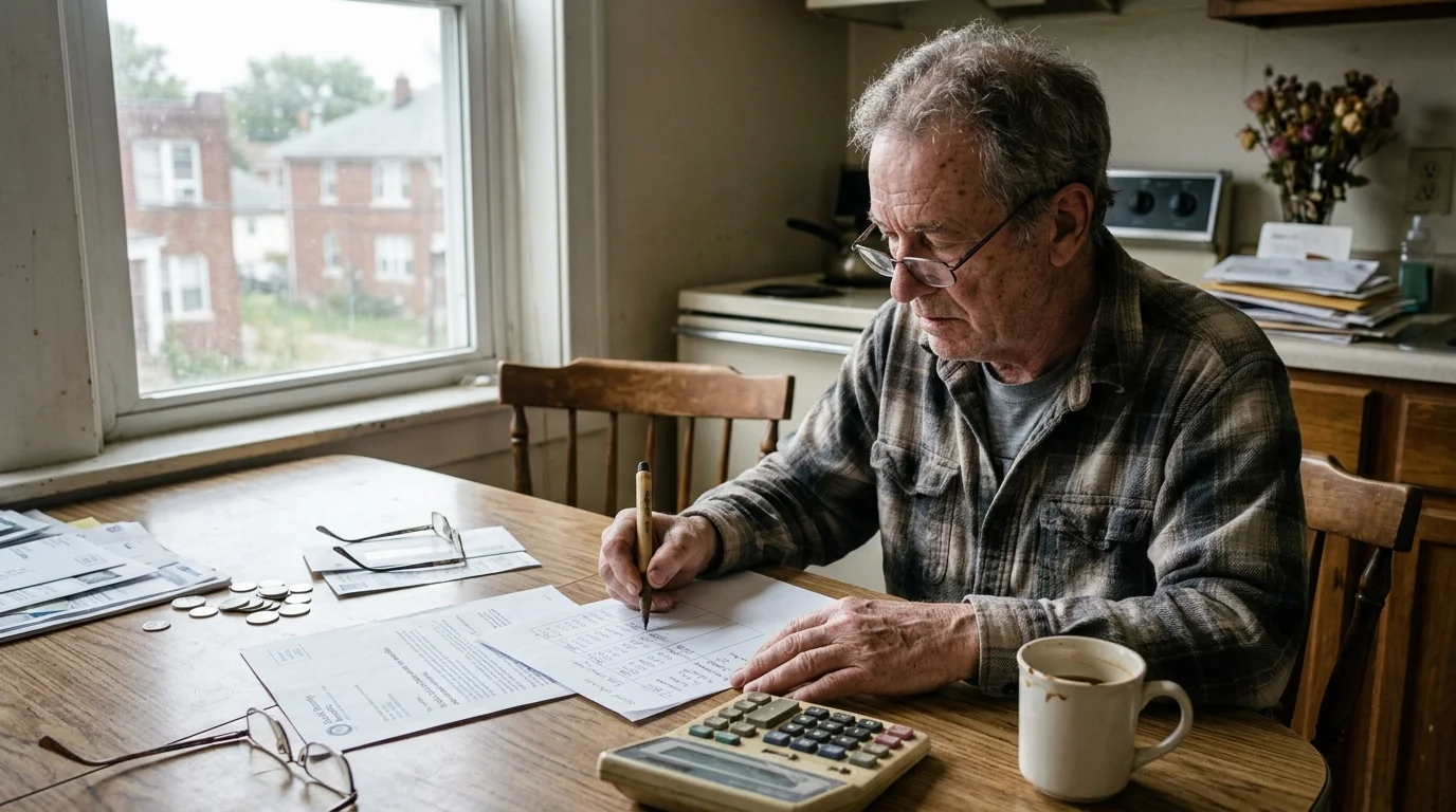 An older man sitting at a kitchen table reviewing paperwork with a calculator, coins, and a coffee mug.