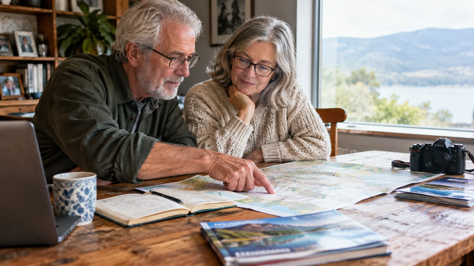 A senior man and woman examine an open map on a wooden table near a window overlooking a lake.