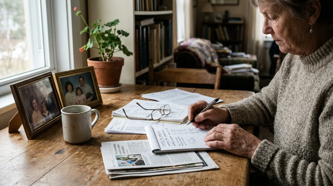 An older person writes in a notebook at a wooden table covered with paperwork, eyeglasses, and a coffee mug.