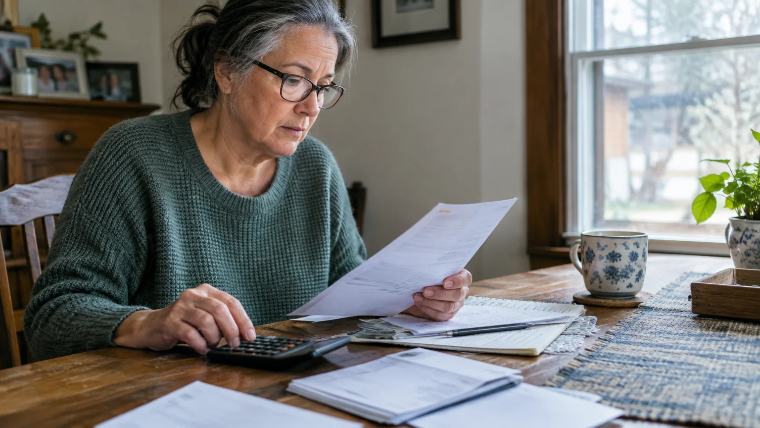 A woman with glasses sits at a wooden table using a calculator and reviewing financial documents.