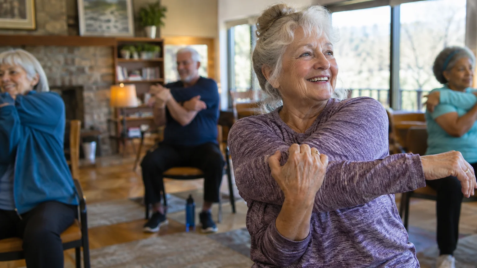 Older adults smiling and stretching their arms while participating in a seated fitness class indoors.