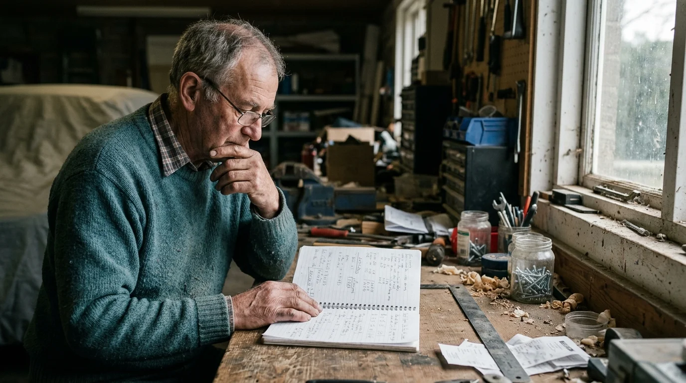 An older man in glasses rests his chin in his hand while reading a notebook at a rustic workshop workbench.