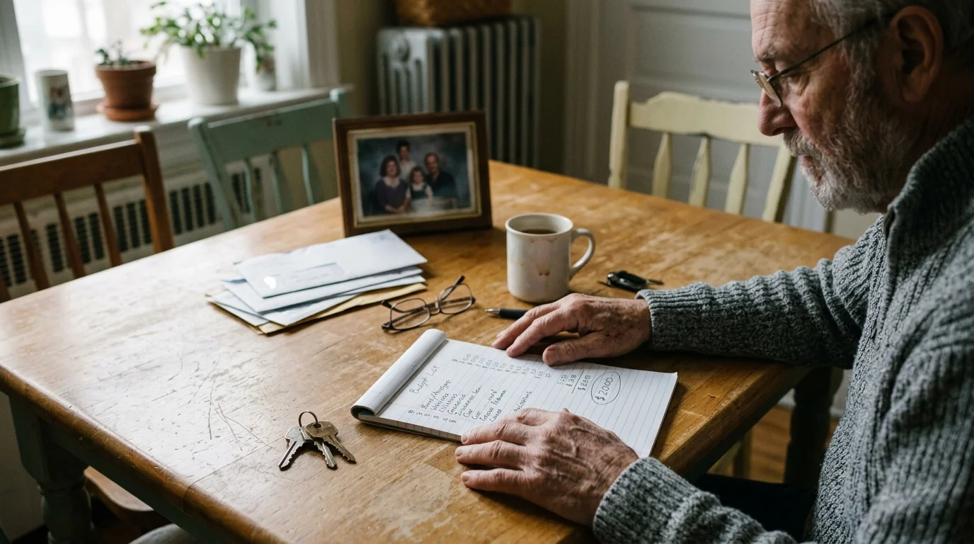 An older man with glasses sits at a wooden table reviewing a handwritten budget list totaling $2,000 beside mail and keys.