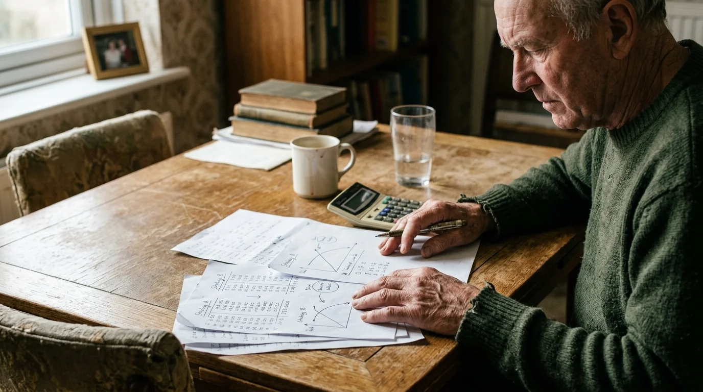 An older man sits at a wooden table reviewing handwritten financial charts and calculations next to a calculator.