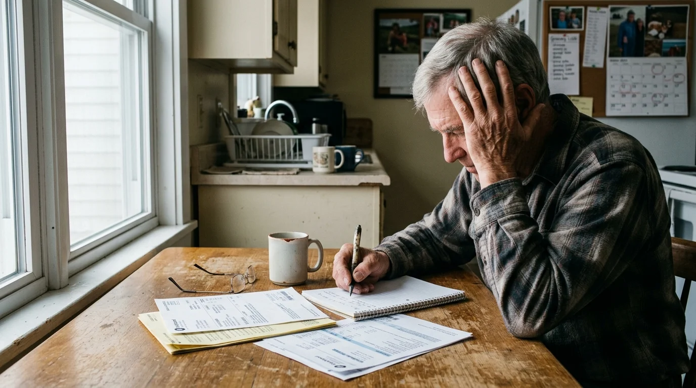 An older man sits at a kitchen table with his head in his hand, writing notes beside bills and a mug.