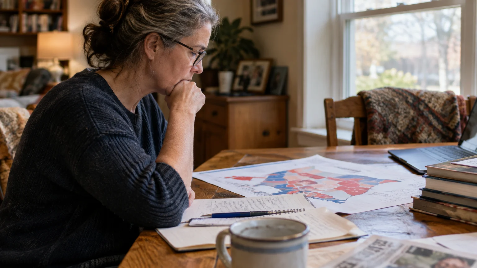 A woman with glasses studies an electoral map on a wooden table beside a notebook, laptop, and coffee mug.