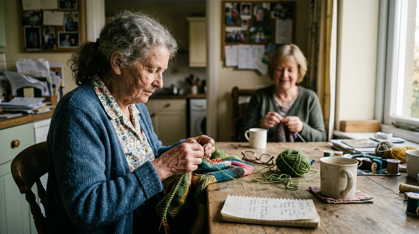 Two older women sitting at a rustic wooden table together, knitting with colorful yarn and drinking from mugs.