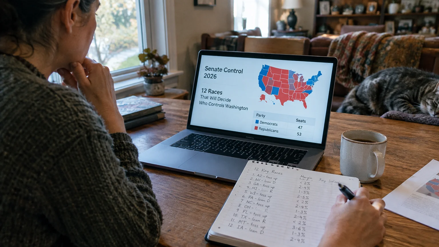 Person at a wooden desk viewing a Senate map on a laptop while writing notes, with a cat asleep nearby.