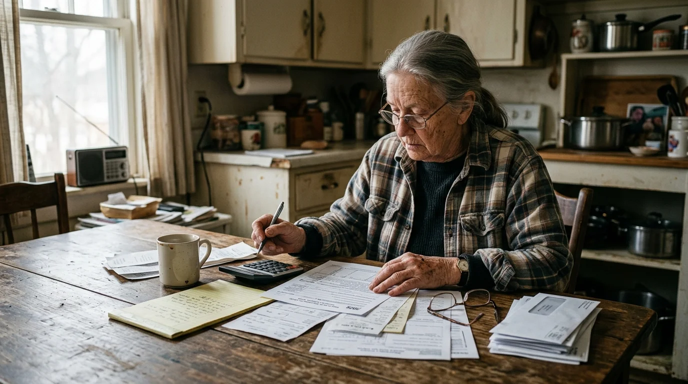An older woman wearing glasses sits at a wooden kitchen table reviewing paperwork, bills, and a calculator with a pen.