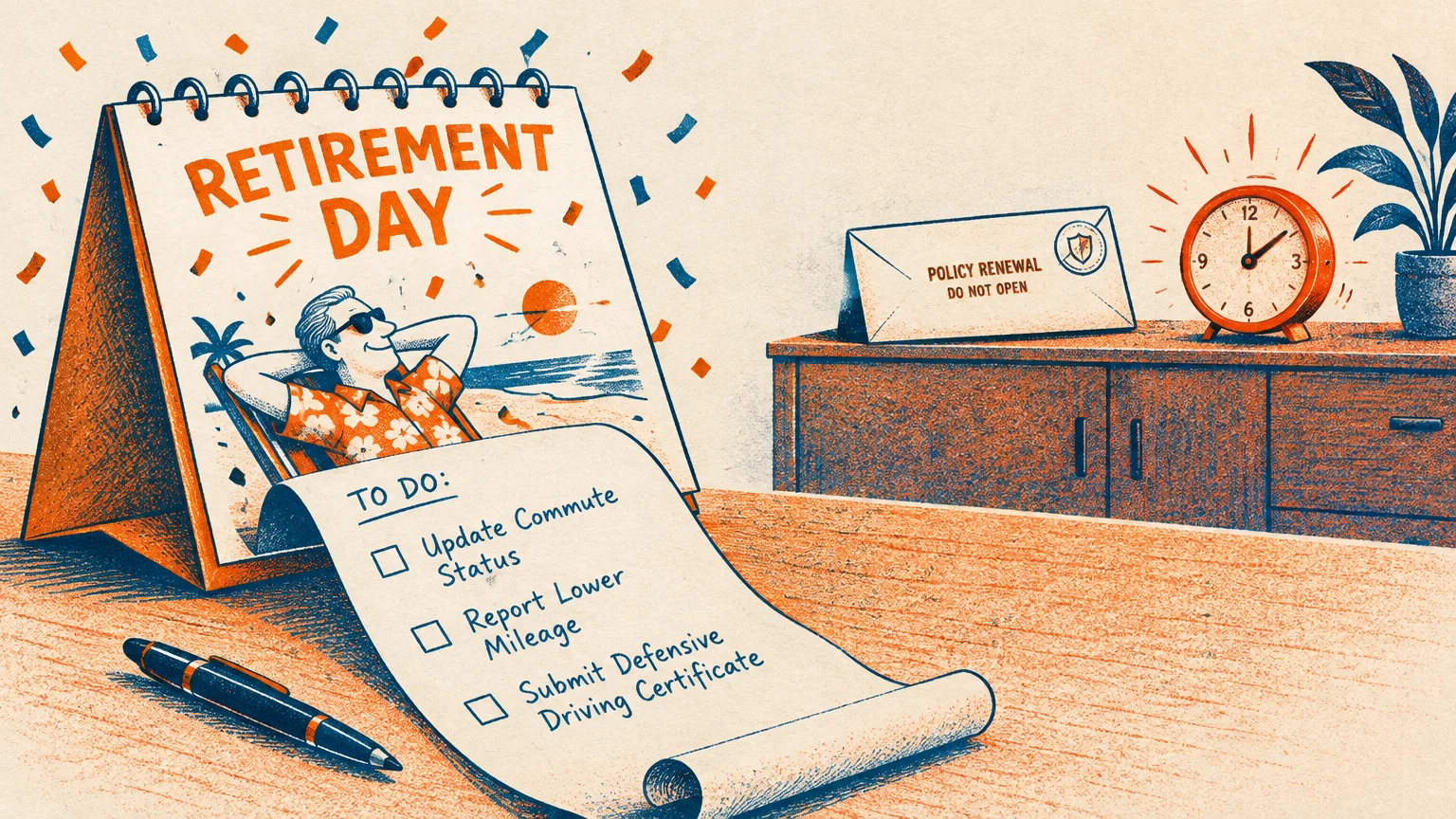 Illustration of a desk with a retirement calendar, to-do list, policy renewal envelope, and clock.