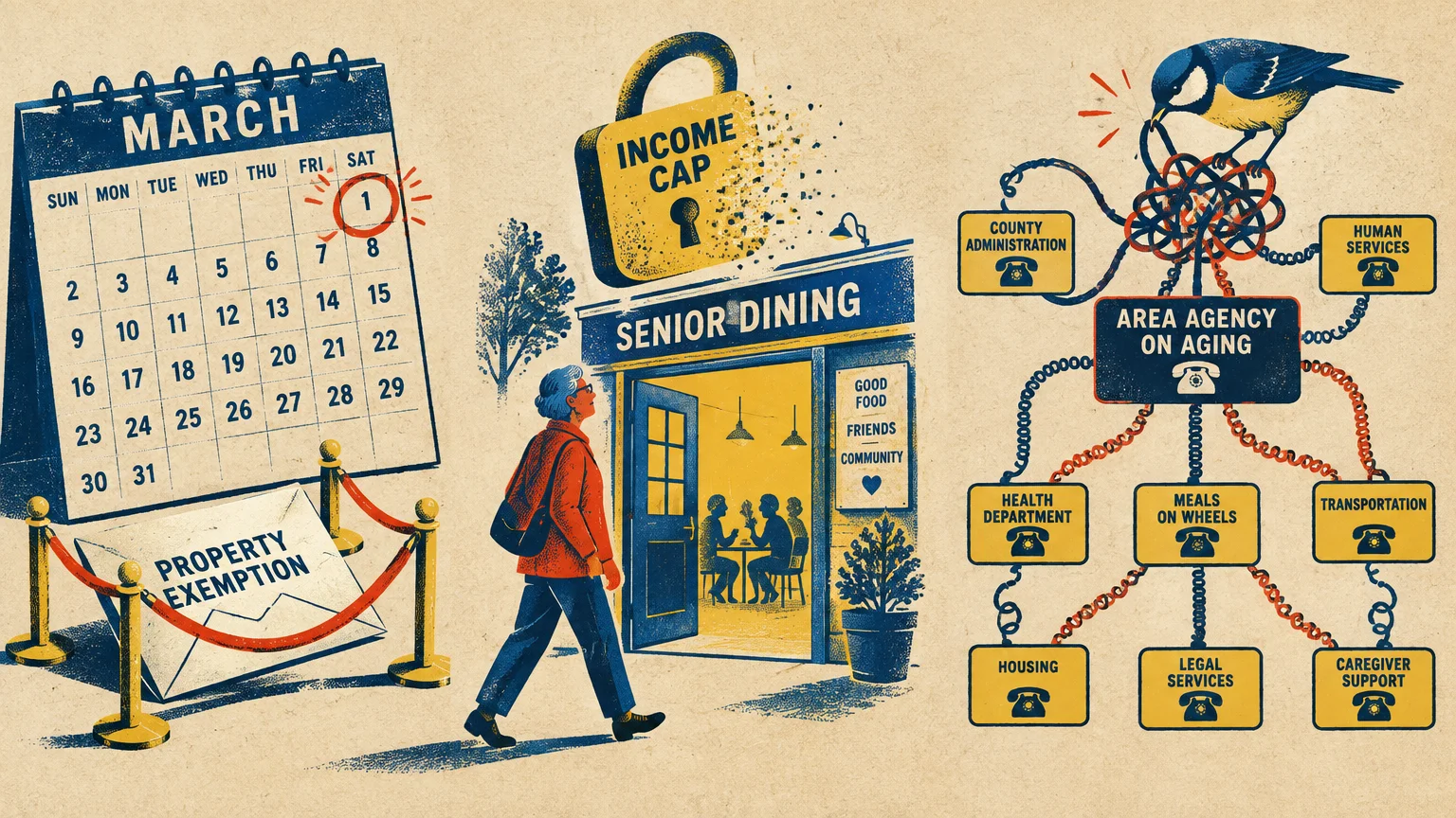 Illustration of a calendar, a senior walking into a dining hall, and a bird untangling phone cords to municipal agencies.