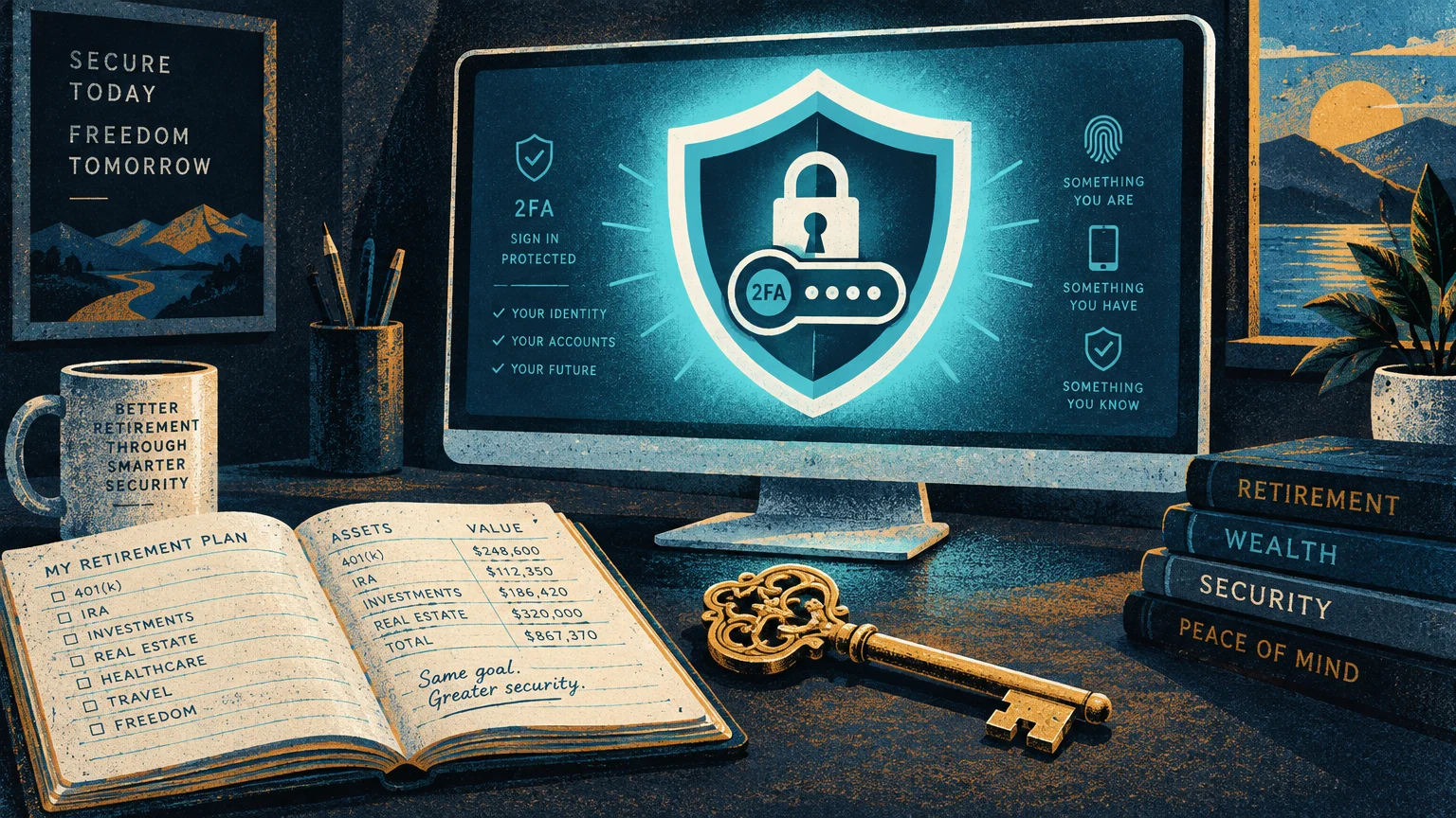 Illustration of a computer screen displaying a 2FA shield icon beside an open notebook and an ornate key.