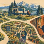 Illustration of winding paths leading to retirees painting outdoors, van camping, gardening, and drafting at a desk.