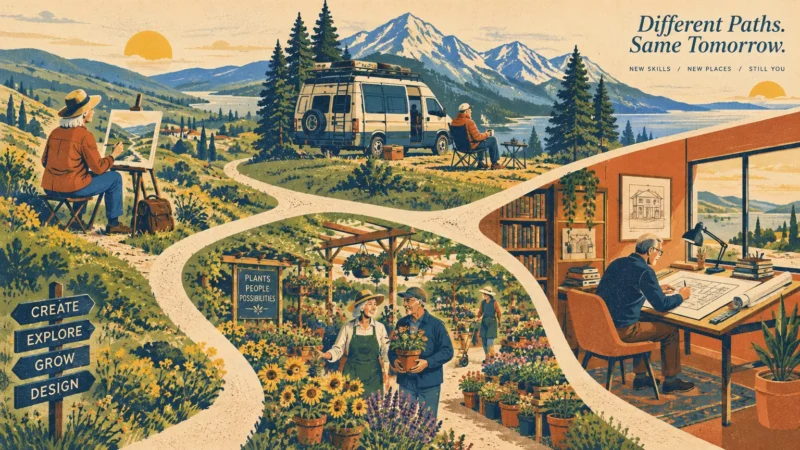 Illustration of winding paths leading to retirees painting outdoors, van camping, gardening, and drafting at a desk.