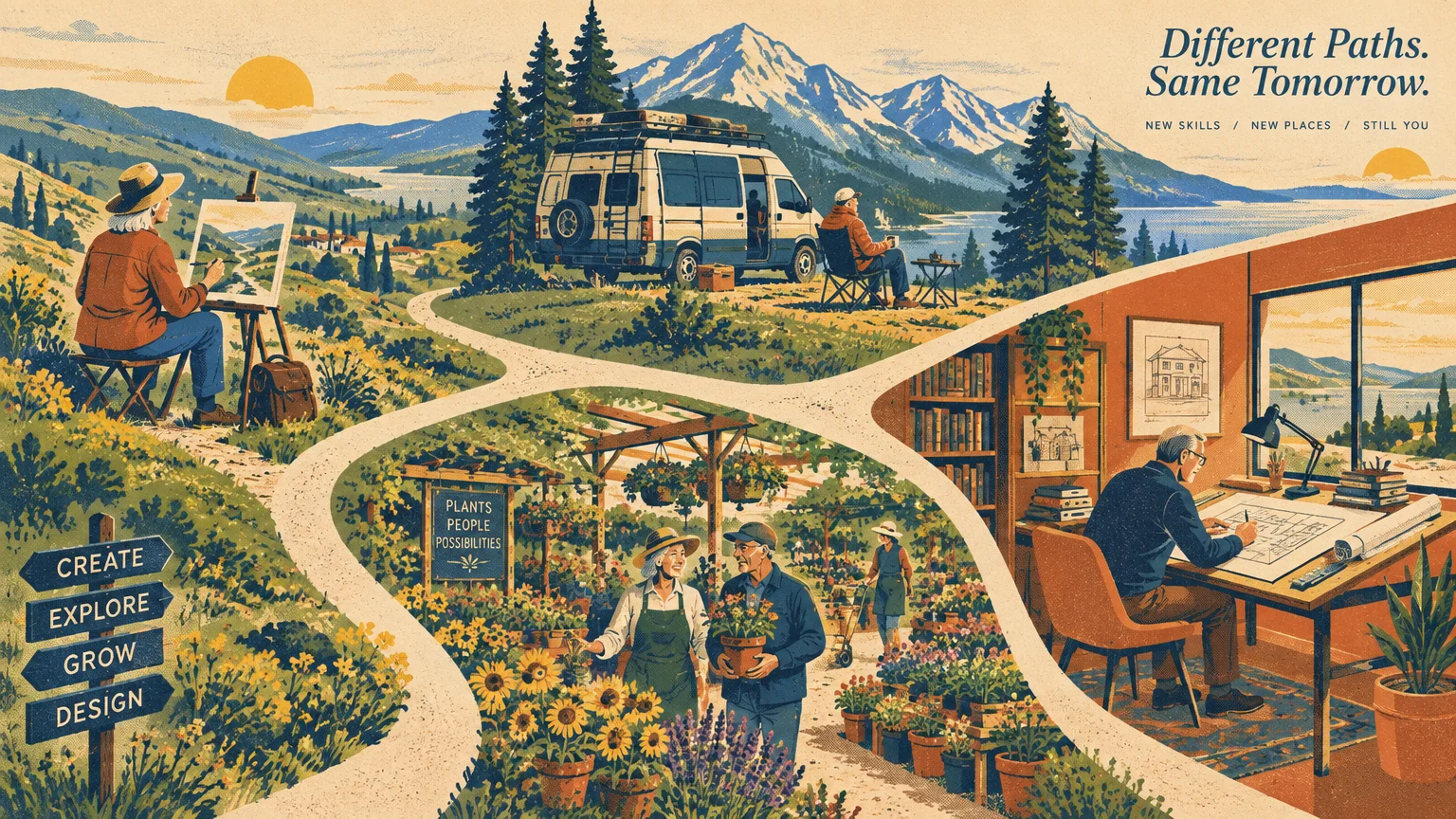 Illustration of winding paths leading to retirees painting outdoors, van camping, gardening, and drafting at a desk.