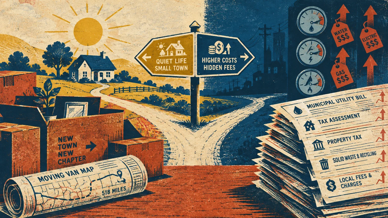 Split illustration of moving boxes facing a crossroads leading to a sunny cottage or dark factory, flanked by rising bills.