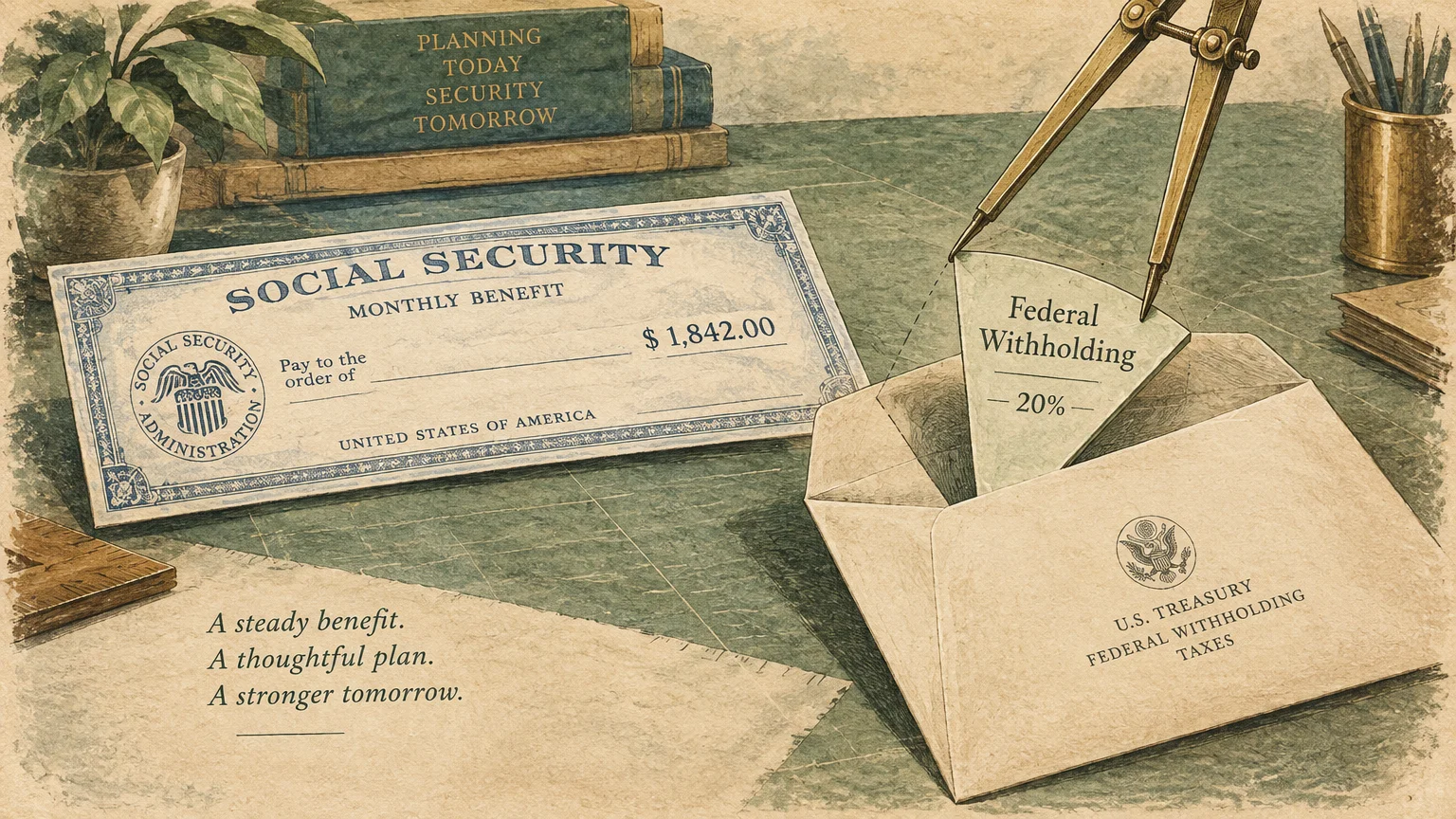 Vintage illustration of a Social Security benefit check alongside dividers placing a tax withholding slice into an envelope.
