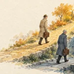 Watercolor of two businessmen walking along diverging stone paths, one leading uphill toward sunlight, one downhill.