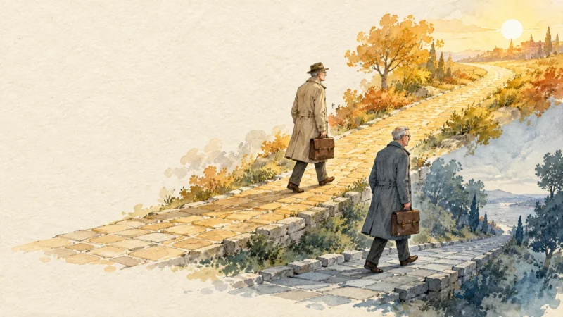 Watercolor of two businessmen walking along diverging stone paths, one leading uphill toward sunlight, one downhill.