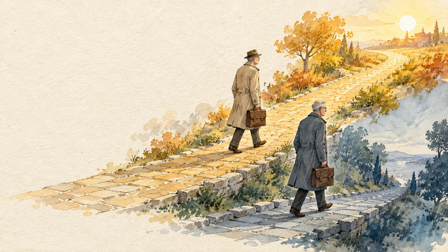 Watercolor of two businessmen walking along diverging stone paths, one leading uphill toward sunlight, one downhill.