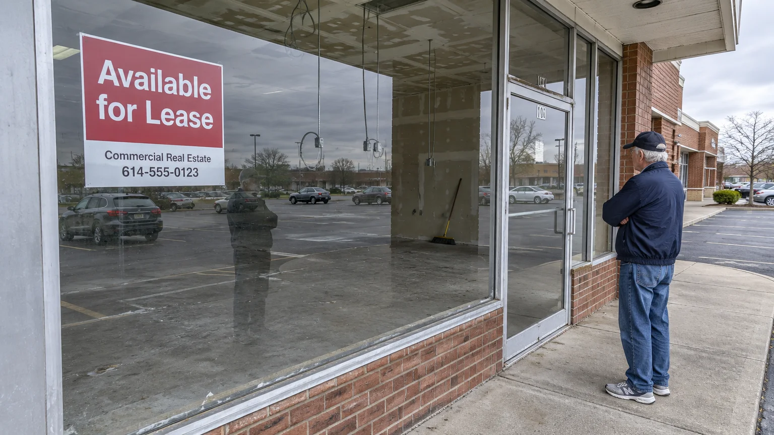 Man looking through the window of an empty storefront with an "Available for Lease" sign posted on the glass.