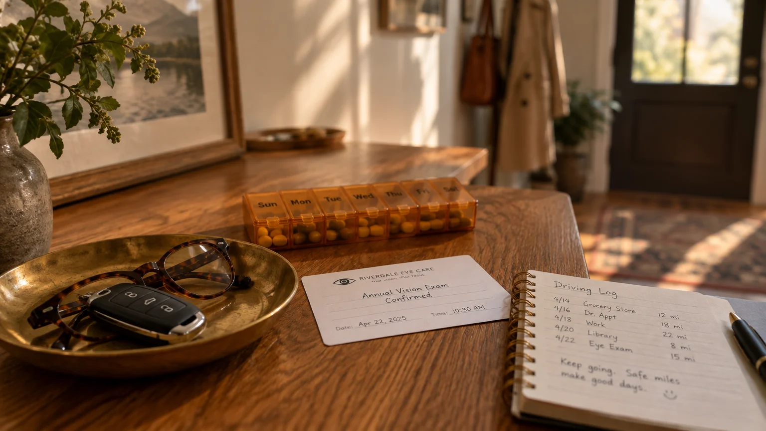 Pill organizer, eyeglasses, car key, vision appointment card, and a driving log notebook resting on a wooden table.