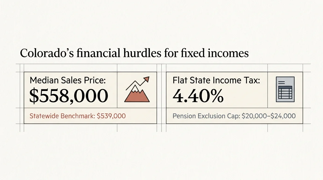 Graphic titled Colorado’s financial hurdles for fixed incomes, highlighting median sales price and state income tax rates.