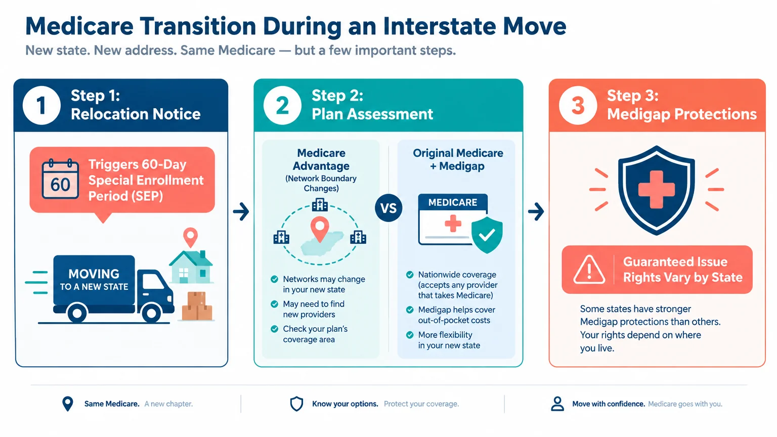 Three-step infographic showing relocation notice, plan assessment comparing Medicare Advantage with Original Medicare, and Medigap.