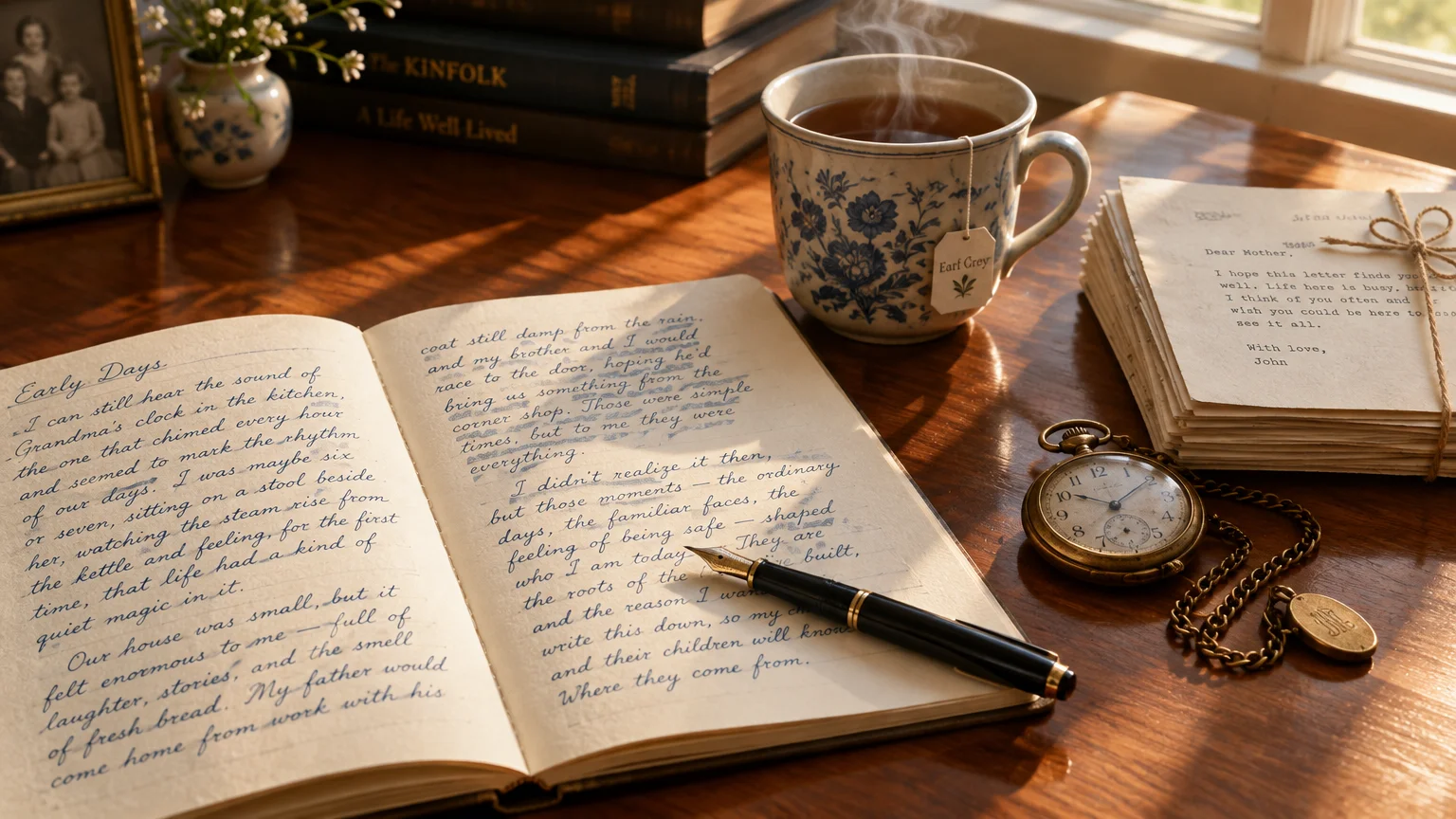 Open handwritten journal with a fountain pen, a steaming cup of Earl Grey tea, letters, and a pocket watch on a wooden desk.
